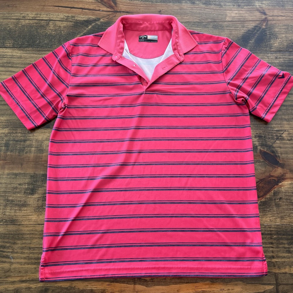 Callaway Polo Shirt Men Medium Pink Striped Opti-Dri Short Sleeve Golf